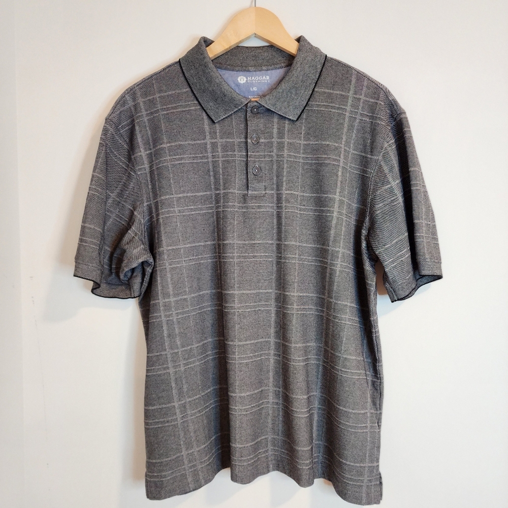 Haggar Mens Large Gray Check Plaid Polo Short Sleeve